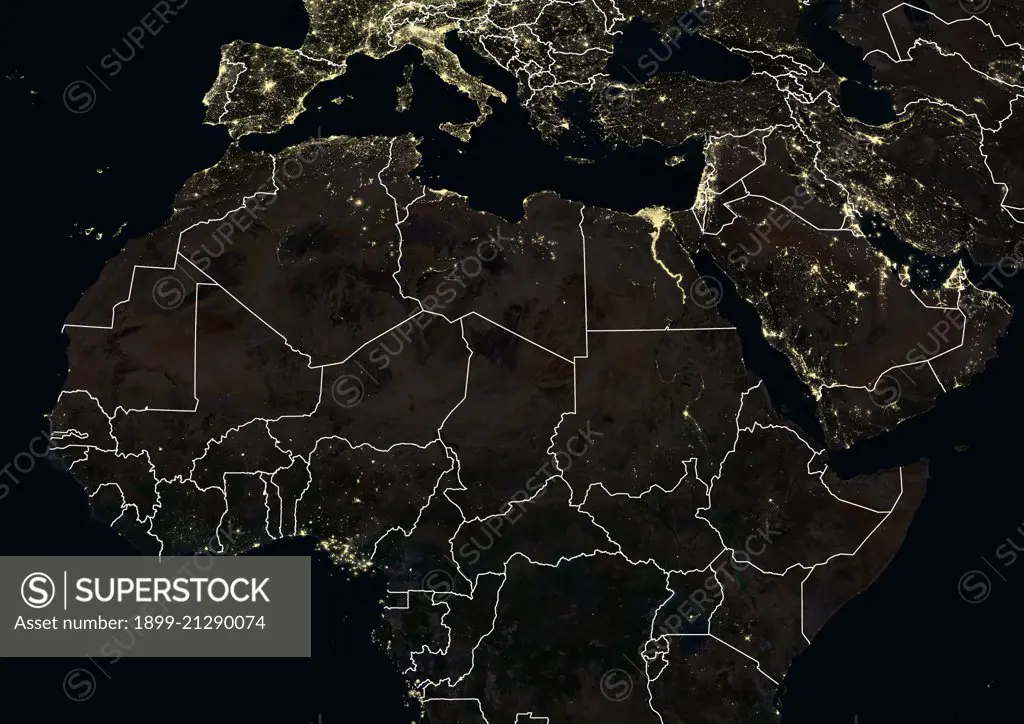 North Africa and the Middle East at night in 2012. This satellite image with country borders shows urban and industrial lights. 