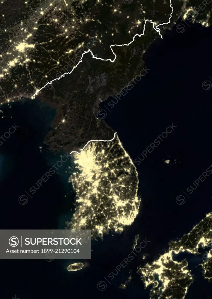 Korean Peninsula at night in 2012. This satellite image with country borders shows urban and industrial lights. 