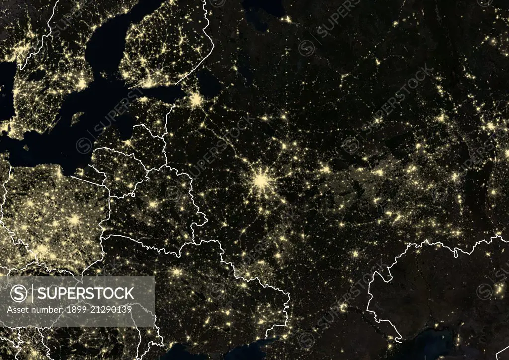 Moscow, Russia at night in 2012. This satellite image with country borders shows urban and industrial lights. 