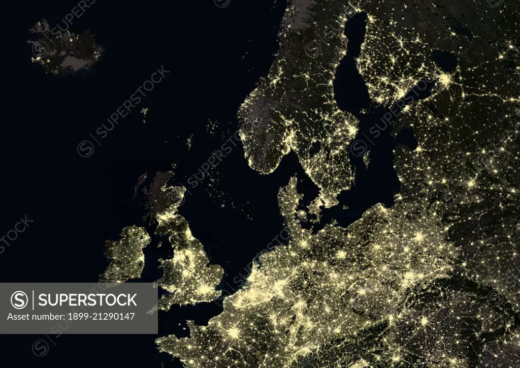 Northern Europe at night in 2012. This satellite image shows urban and industrial lights. 