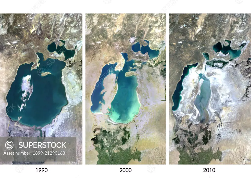 Satellite view of the Aral Sea in 1990, 2000 and 2010. This image shows the shrinking of the Aral Sea over the years. 