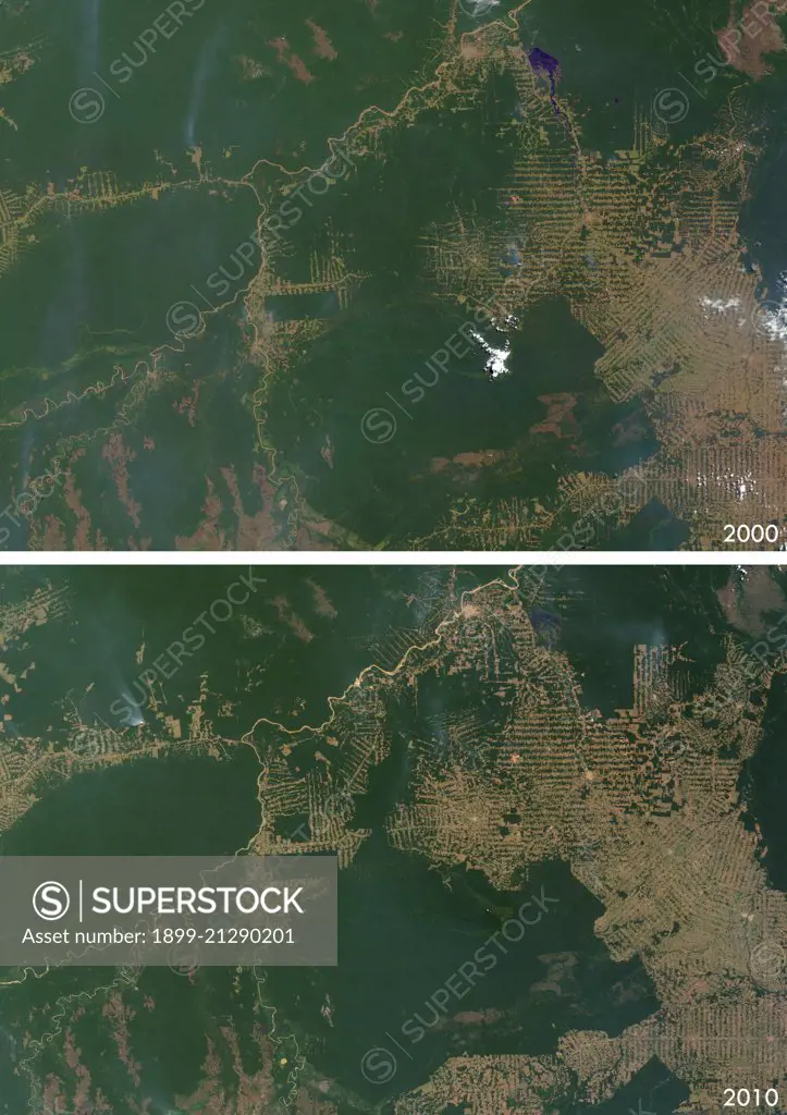 Satellite view of deforestation in Rondonia, Brazil in 2000 and 2010. This before and after image shows deforestation impact over the years. 