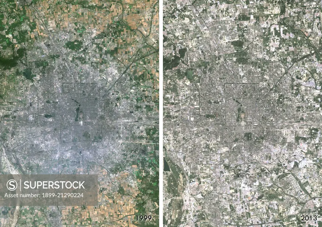 Satellite view of Beijing, China in 1999 and 2013. This before and after image shows urban expansion over the years. 