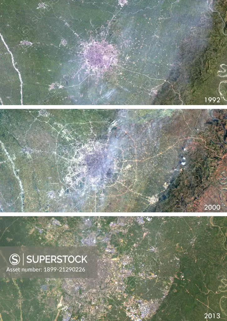 Satellite view of Chengdu, China in 1992, 2000 and 2013. This before and after image shows urban expansion over the years. 