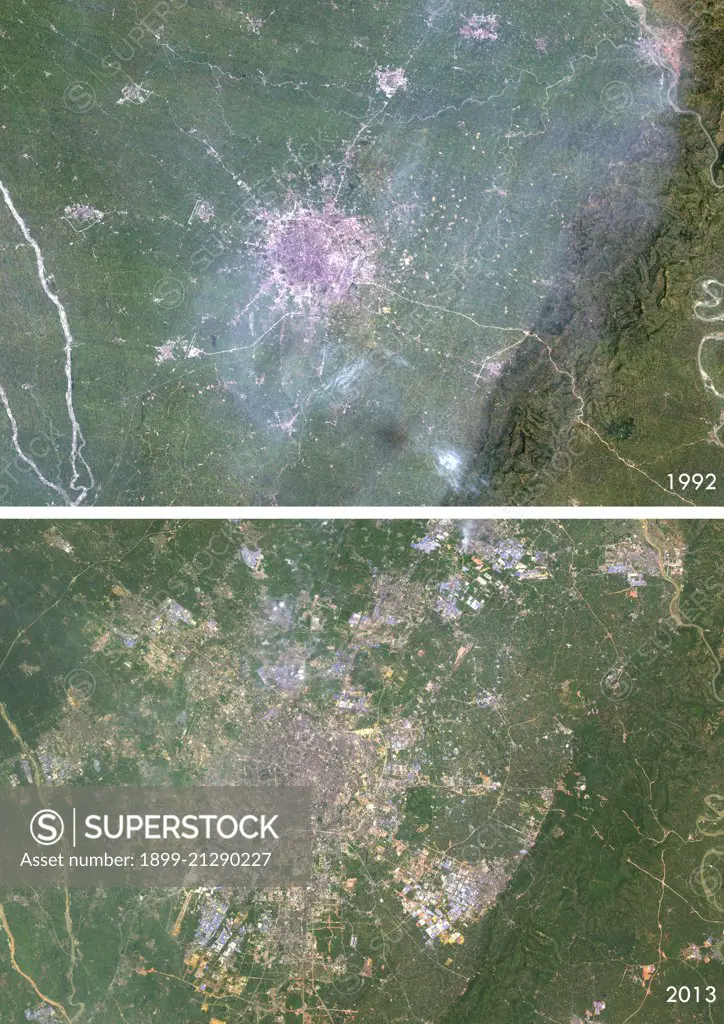 Satellite view of Chengdu, China in 1992 and 2013. This before and after image shows urban expansion over the years. 