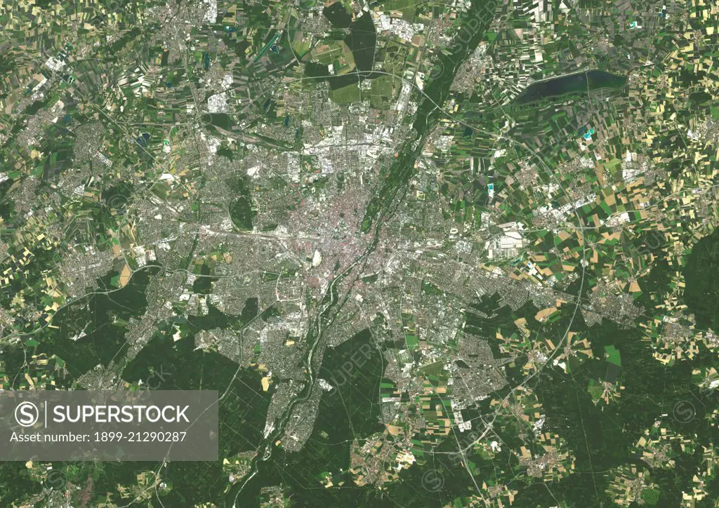 Colour satellite image of Munich, Germany. Image taken on June 10, 2014 with Landsat 8 data. 