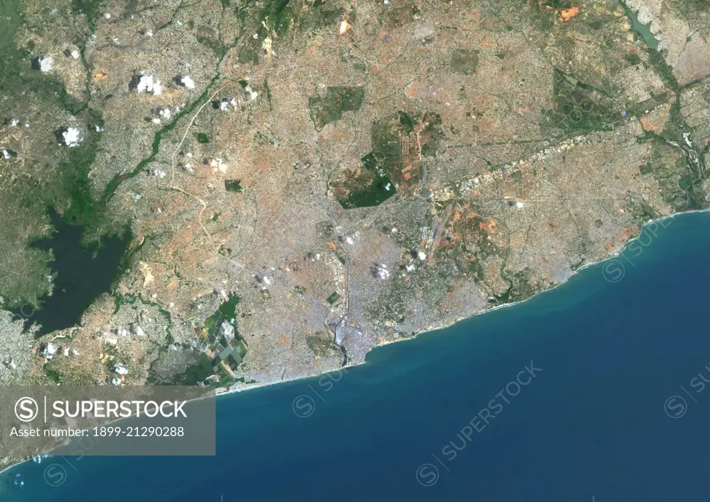 Colour satellite image of Accra, Ghana. Image taken on March 22, 2014 with Landsat 8 data. 