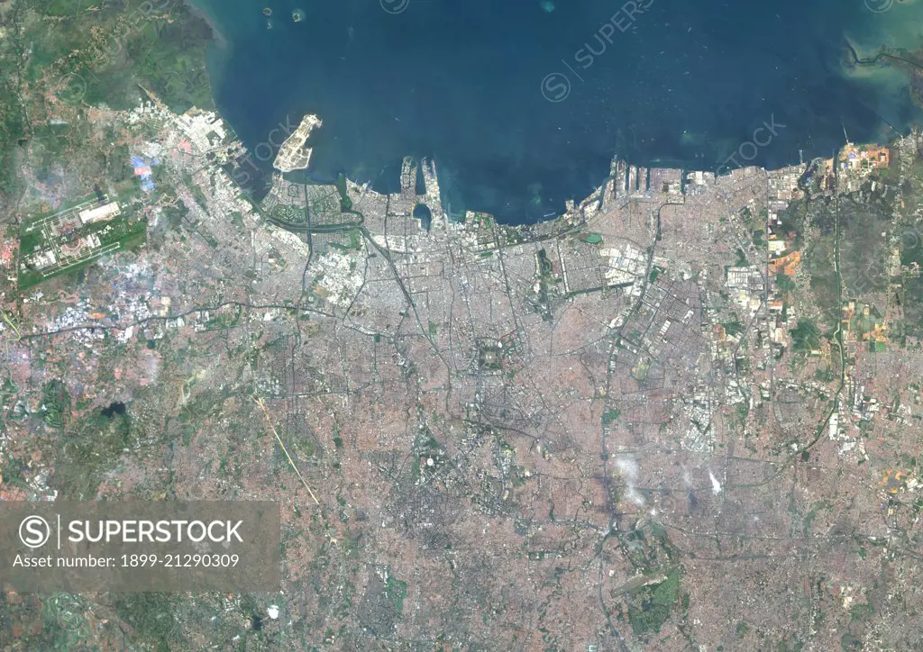 Colour satellite image of Jakarta, Indonesia. Image taken on April 22, 2014 with Landsat 8 data. 