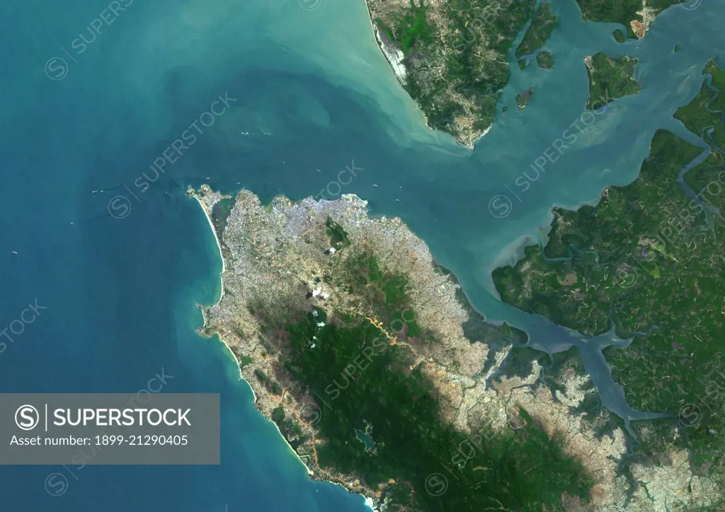 Colour satellite image of Freetown, Sierra Leone. Image taken on May 8, 2014 with Landsat 8 data. 