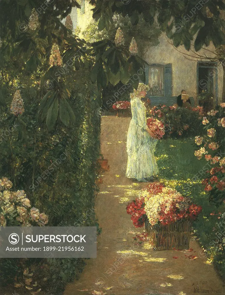 Gathering Flowers in a French Garden, 1888. Hassam, Frederick Childe.