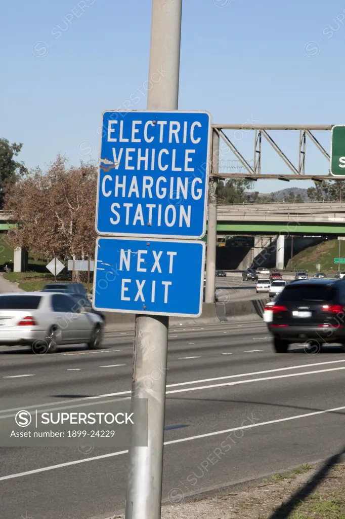 Electric Vehicle Charging Station Sign, I-5, Los Angeles, California, USA. 