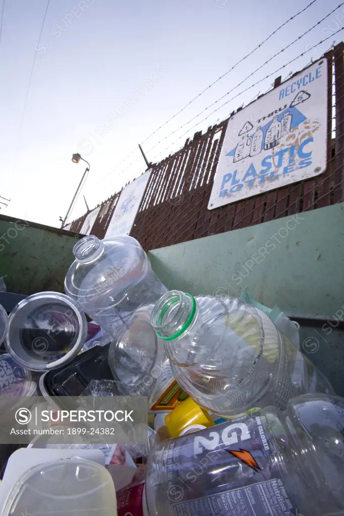 Plastic bottles in a recycling bin. Plastic bottles in a recycling bin, Santa Monica, Los Angeles, California, USA