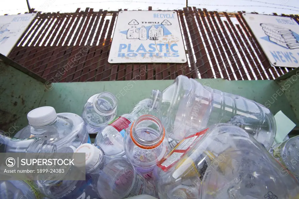 Plastic bottles in a recycling bin. Plastic bottles in a recycling bin, Santa Monica, Los Angeles, California, USA