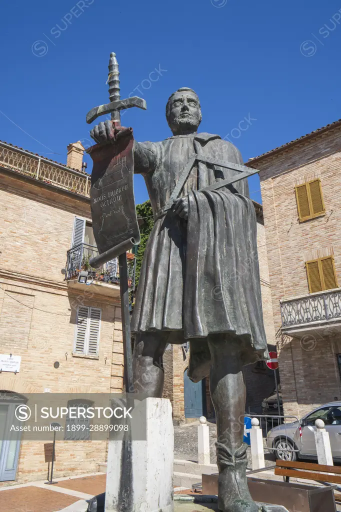 Piazza Mazzini Square, Bronze statue of Ottrano Founder of Filottrano. Marche, Italy, Europe