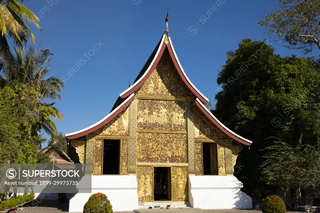 Laos: Scenes from the Hindu epic Ramayana (Lao: Phra Lak Phra Lam) adorn the Royal Funerary Carriage House or Funeral Chapel, Wat Xieng Thong (Golden City Temple), Luang Prabang.