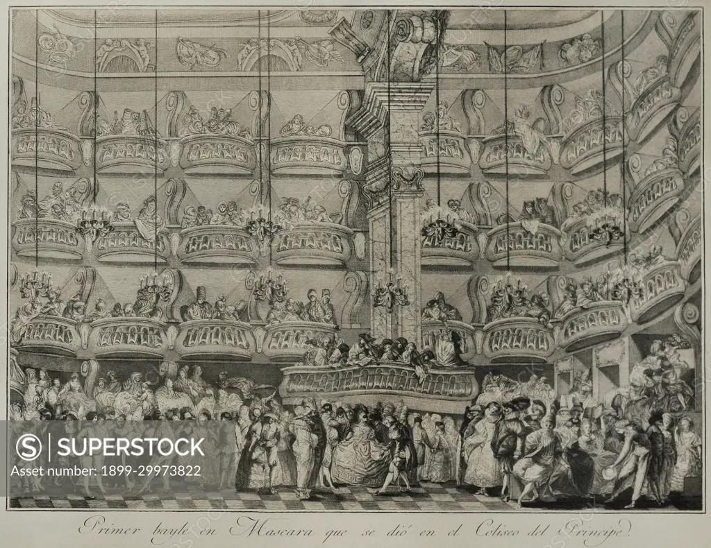 History of Spain. Masquerade Ball at the Coliseo del Principe, ca.1771-1802. By Juan Antonio Salvador Carmona (1740-1805). Etching and engraving on paper. History Museum. Madrid. Spain.