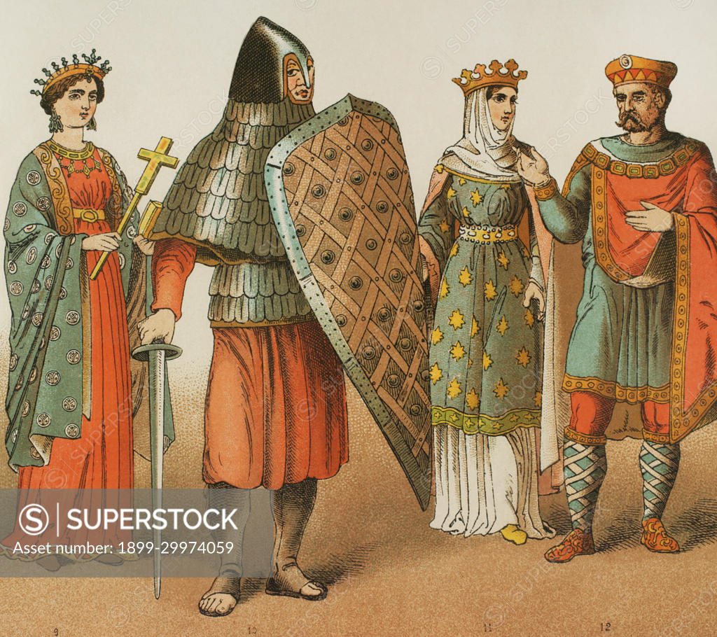 Europe. Early Middle Ages. 8th-9th centuries. Frankish Kingdom. Carolingian  dynasty. From left to right. 9: Empress of 800, 19: Warrior, 11: Princess,  12: Charlemagne. Chromolithography. Historia Universal (Universal  History), by César Cantú.