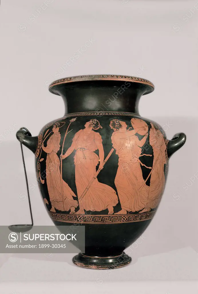 Red-figured Attic clay hydria with dancing maenads, by Unknown, 5th Century, pottery, turn on lathe, red figures . Italy, Campania, Naples, National Archaeological Museum. Whole artwork. Front hydria red figures Attic pottery vase flared-disk foot globular body protruding lip two horizontal side handles one behind vertical non-visible with figure decoration on the body dancing maenads.