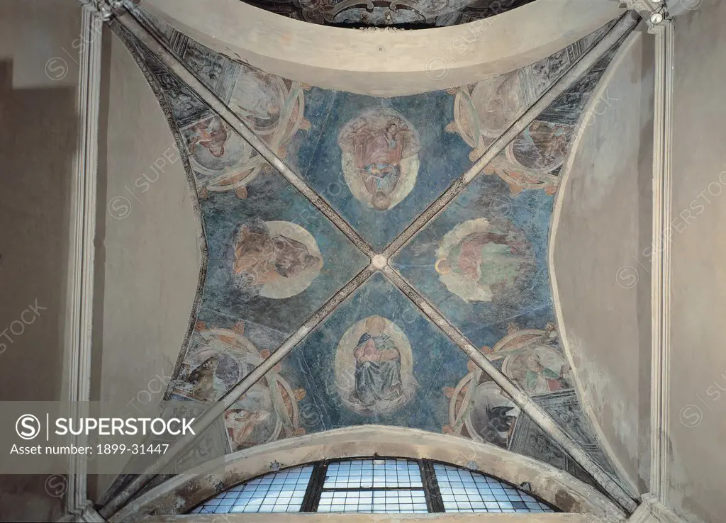 The Four Evangelists, Musician Angels, Symbols of the Tetramorph , Doctors of the Church, by Foppa Vincenzo, probably Caylina Paolo detto Paolo da Brescia, 15th Century, detached frescoes remounted in situ. Italy, Lombardy, Brescia, S. Maria del Carmine, ceiling of the Averoldi Chapel. Full view. Frescoes on ceiling of musicanti saints Virgin Mary Madonna Doctors of the Church ribs arches blue yellow red white brown.