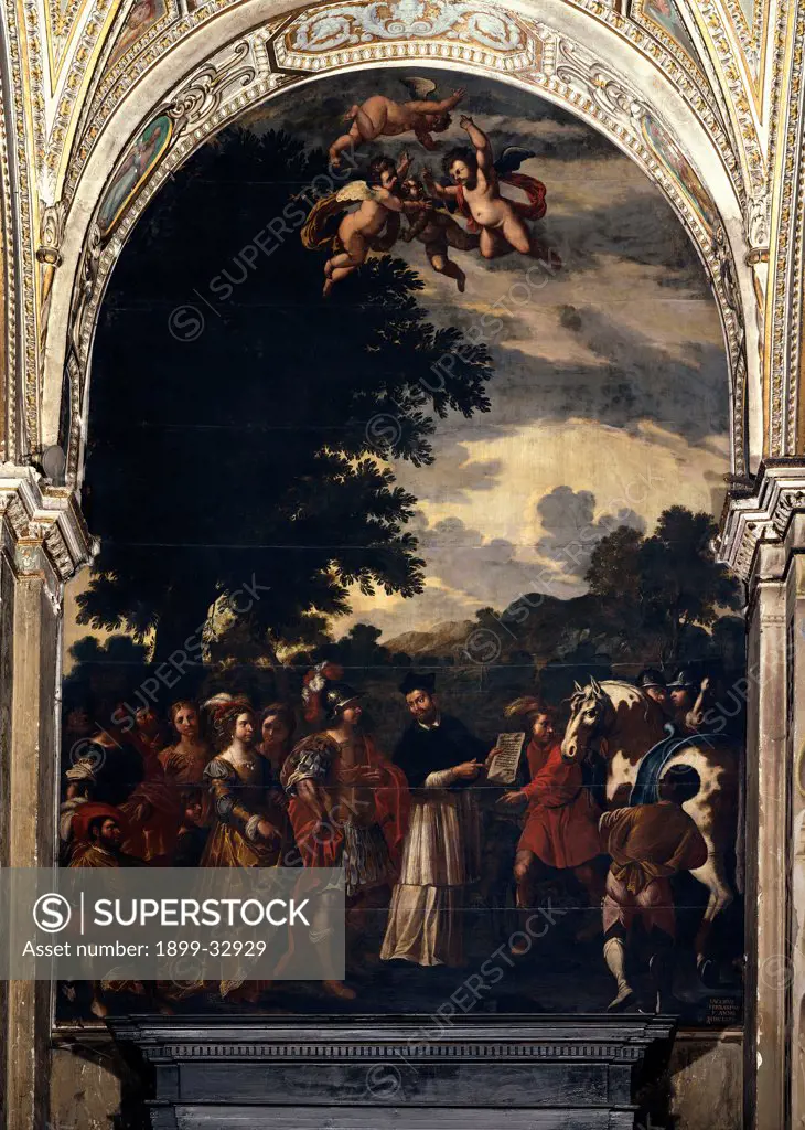 Donation Made by Queen Ermengarde, by Ferrari Jacopo, 17th Century, rounded panel. Italy, Lombardy, Cremona, San Pietro al Po Church. Whole artwork. Donations made by Queen Ermengarde cherubs plant tree against the light figures group horse.