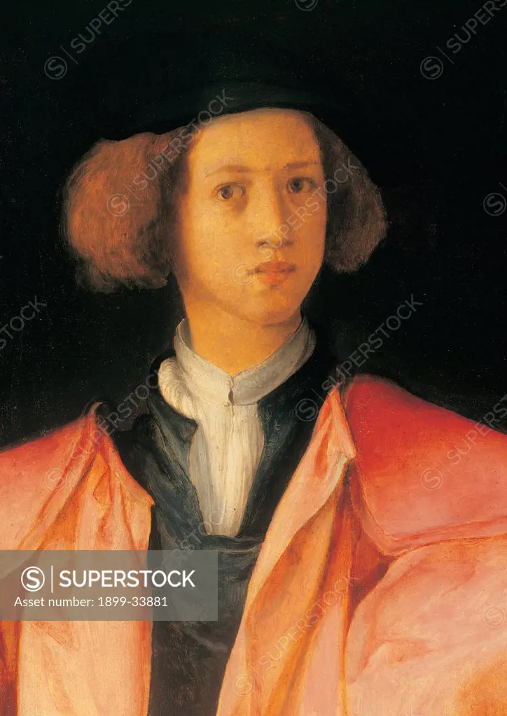 Portrait of Amerigo Antinori, by Carrucci Jacopo know as Pontormo, 1531, 16th Century, oil on panel. Italy: Tuscany: Lucca: Palazzo Mansi National Museum and Art Gallery. Whole artwork. Portrait of young man billowing cloak/mantle red crimson pink orange acidic colors. Black hat