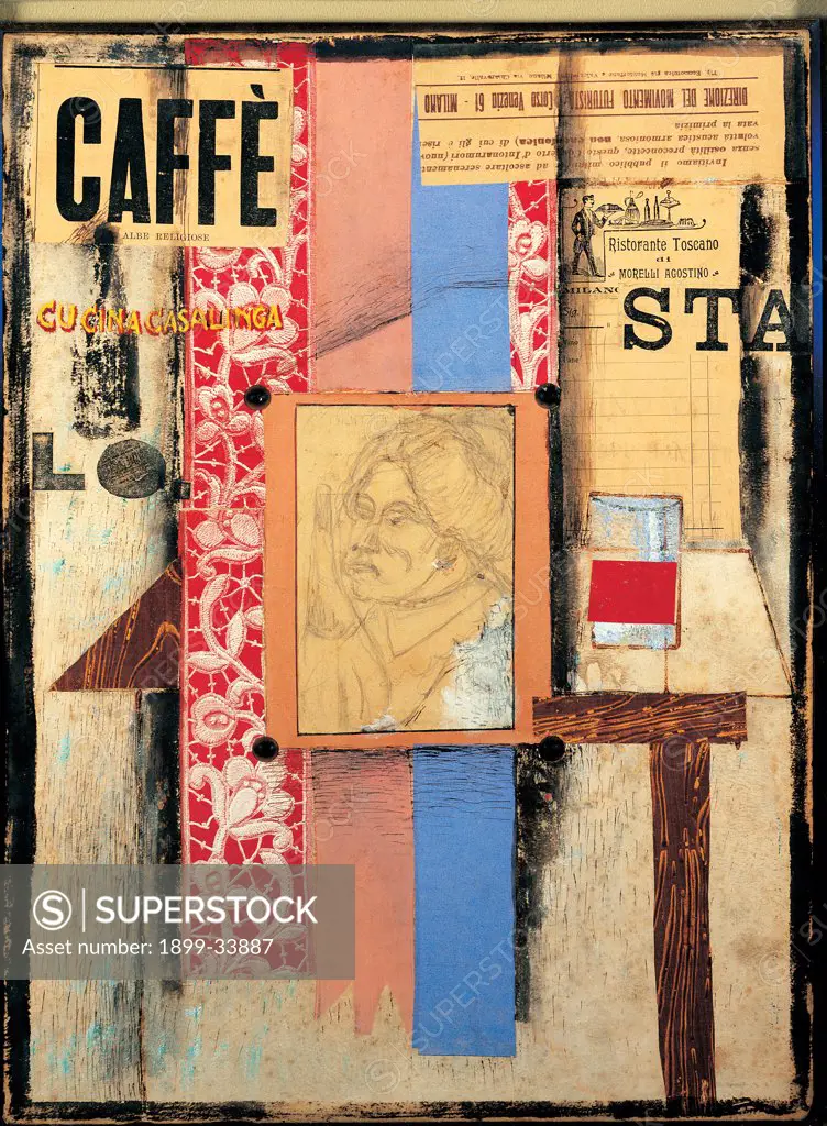 Suburban Cafe', by Carra Carlo, 1914, 20th Century, tempera and collage. Private collection. Whole artwork. Signs cafe collage suburb table yellow red brown light blue/azure