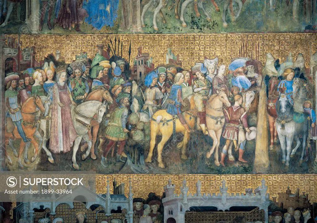 The Legend of Theodelinda, by Zavattari (brothers), 1430 - 1448, 15th Century, fresco. Italy. Lombardy. Monza Brianza. Monza. Cathedral. Theodelinda Legend of Theodelinda arrives at the Lombard court. Scene 15. Whole artwork. Horses men women parade queen crown gold colors