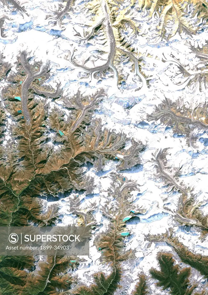 Mount Everest, Nepal & China, True Colour Satellite Image. Mount Everest, true colour satellite image. Mount Everest is the world's highest peak (8850m), surrounded by glakeiers. Its summit ridge marks the border between Nepal and China. Image taken on 17 November 1992 using LANDSAT data.