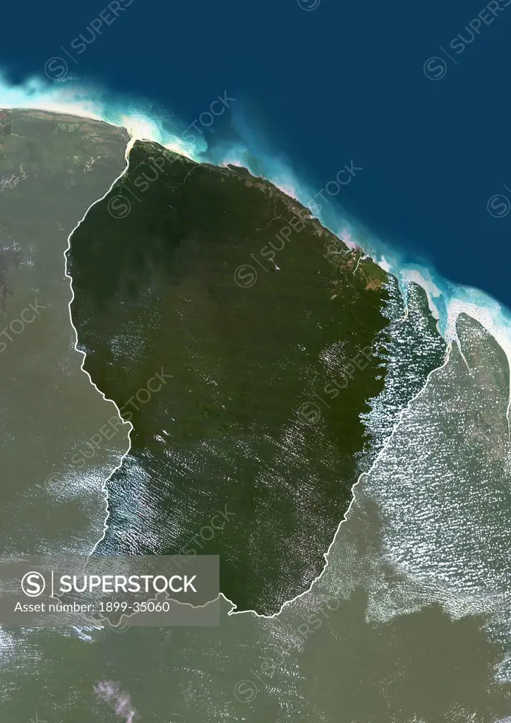 French Guiana, French Overseas, South America, True Colour Satellite Image With Border And Mask. Satellite view of French Guiana, French overseas (with border and mask). This image was compiled from data acquired by LANDSAT 5 & 7 satellites.