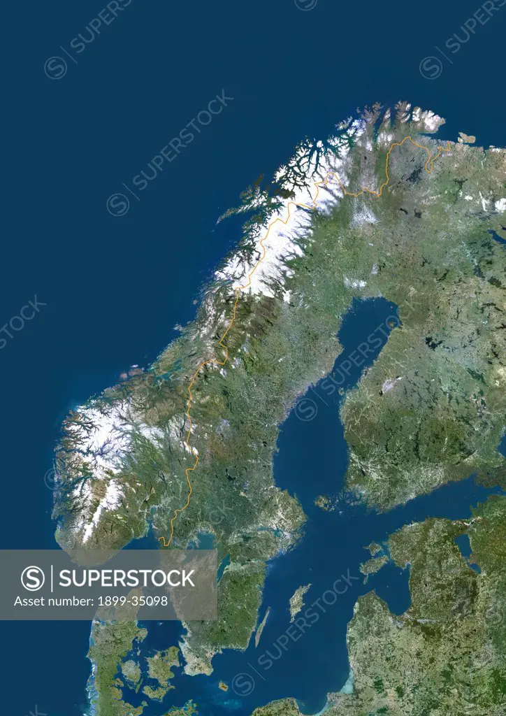 Norway, Europe, True Colour Satellite Image With Border. Satellite view of Norway (with border). This image was compiled from data acquired by LANDSAT 5 & 7 satellites.