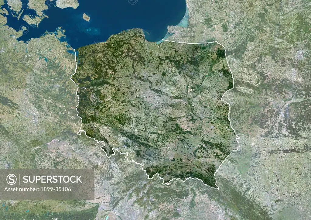 Poland, Europe, True Colour Satellite Image With Border And Mask. Satellite view of Poland (with border and mask). This image was compiled from data acquired by LANDSAT 5 & 7 satellites.