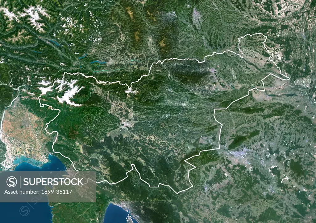 Slovenia, Europe, True Colour Satellite Image With Border. Satellite view of Slovenia (with border). This image was compiled from data acquired by LANDSAT 5 & 7 satellites.