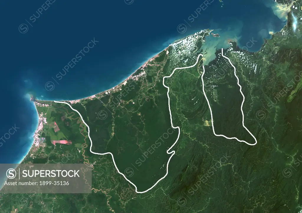 Brunei, Asia, True Colour Satellite Image With Border. Satellite view of Brunei (with border). This image was compiled from data acquired by LANDSAT 5 & 7 satellites.