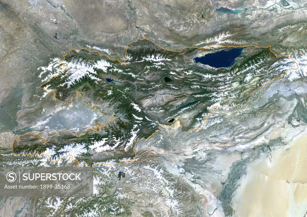 Kyrgyzstan, Asia, True Colour Satellite Image With Border And Mask. Satellite view of Kyrgyzstan (with border and mask). This image was compiled from data acquired by LANDSAT 5 & 7 satellites.