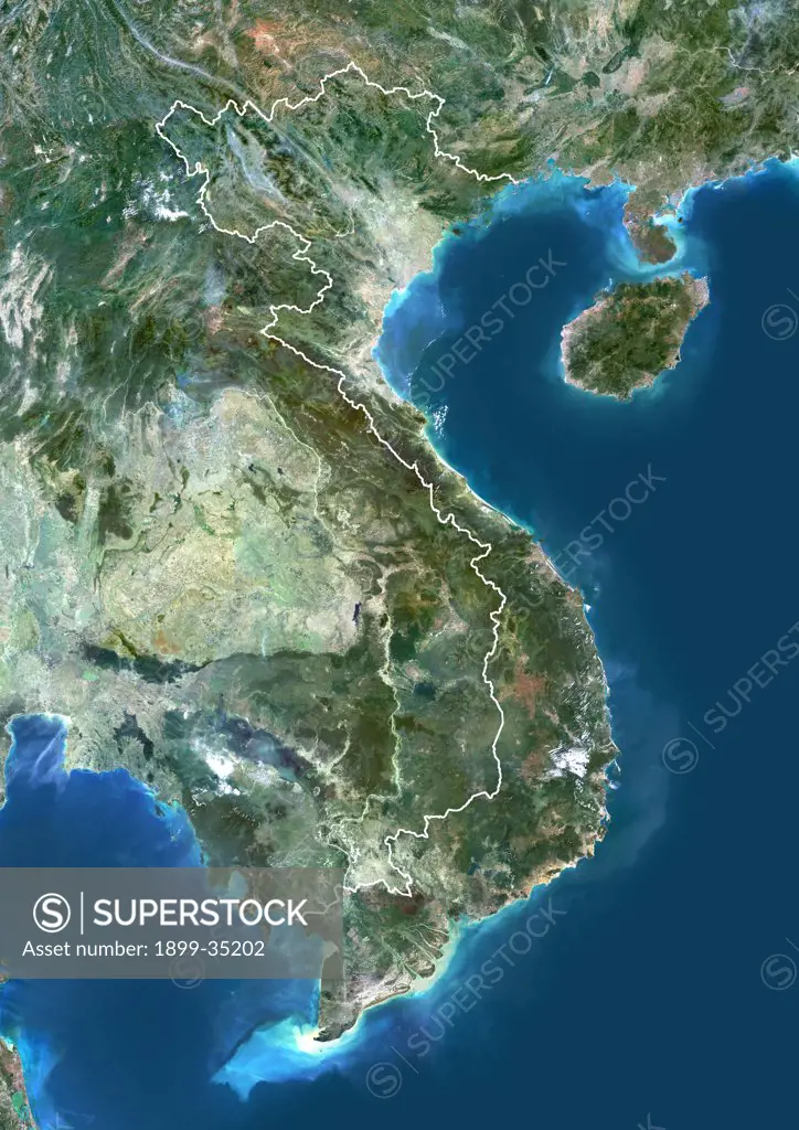 Vietnam, Asia, True Colour Satellite Image With Border. Satellite view of Vietnam (with border). This image was compiled from data acquired by LANDSAT 5 & 7 satellites.