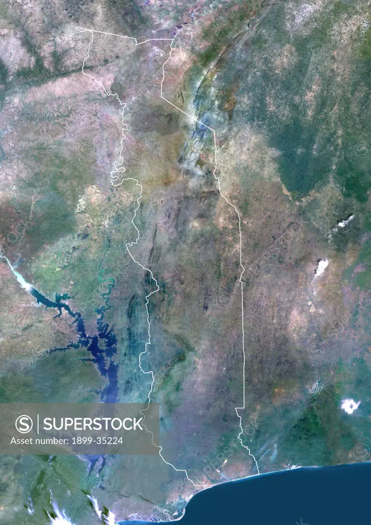 Togo, Africa, True Colour Satellite Image With Border. Satellite view of Togo (with border). This image was compiled from data acquired by LANDSAT 5 & 7 satellites.