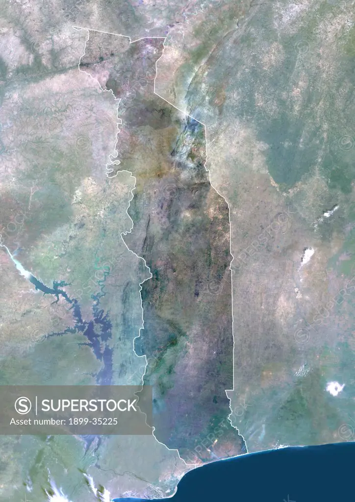 Togo, Africa, True Colour Satellite Image With Border And Mask. Satellite view of Togo (with border and mask). This image was compiled from data acquired by LANDSAT 5 & 7 satellites.