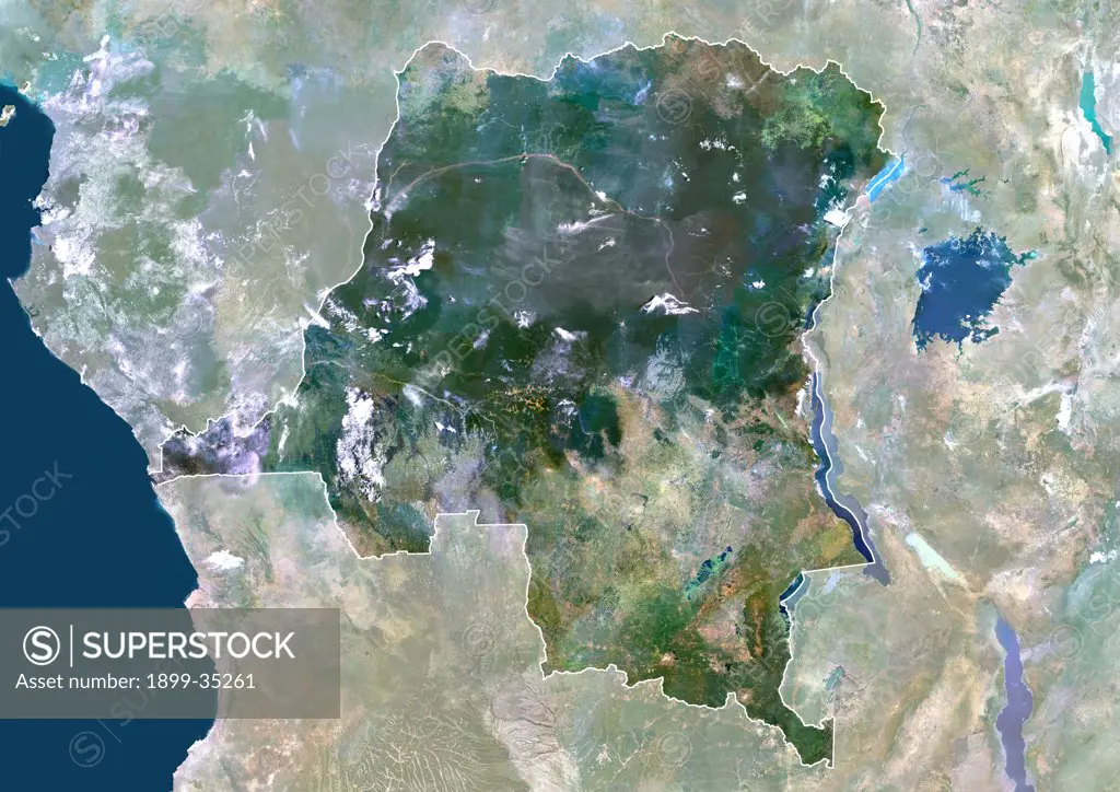 Democratic Republic Of The Congo, Africa, True Colour Satellite Image With Border And Mask. Satellite view of the Democratic Republic of the Congo - Kinshasa (with border and mask). This image was compiled from data acquired by LANDSAT 5 & 7 satellites.