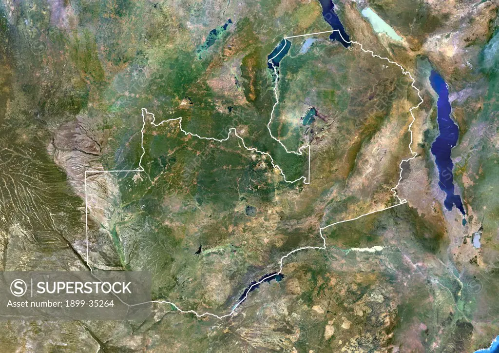 Zambia, Africa, True Colour Satellite Image With Border. Satellite view of Zambia (with border). This image was compiled from data acquired by LANDSAT 5 & 7 satellites.