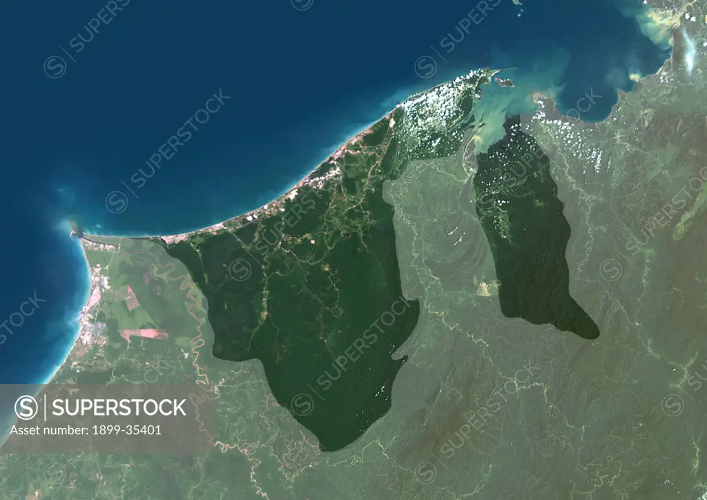 Brunei, Asia, True Colour Satellite Image With Mask. Satellite view of Brunei (with mask). This image was compiled from data acquired by LANDSAT 5 & 7 satellites.