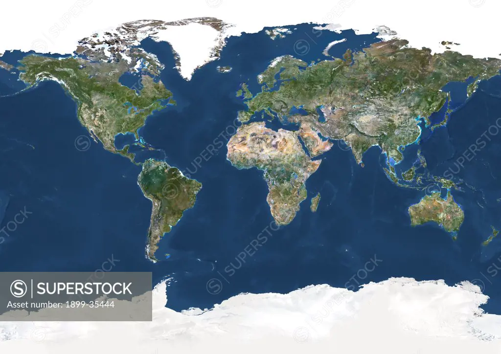 Whole Earth, True Colour Satellite Image. True colour satellite image of the whole Earth. This image in Miller projection was compiled from data acquired by LANDSAT 5 & 7 satellites.