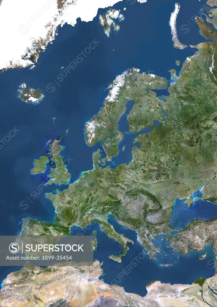 Europe, True Colour Satellite Image. True colour satellite image of Europe. This image in Lambert Conformal Conic projection was compiled from data acquired by LANDSAT 5 & 7 satellites.