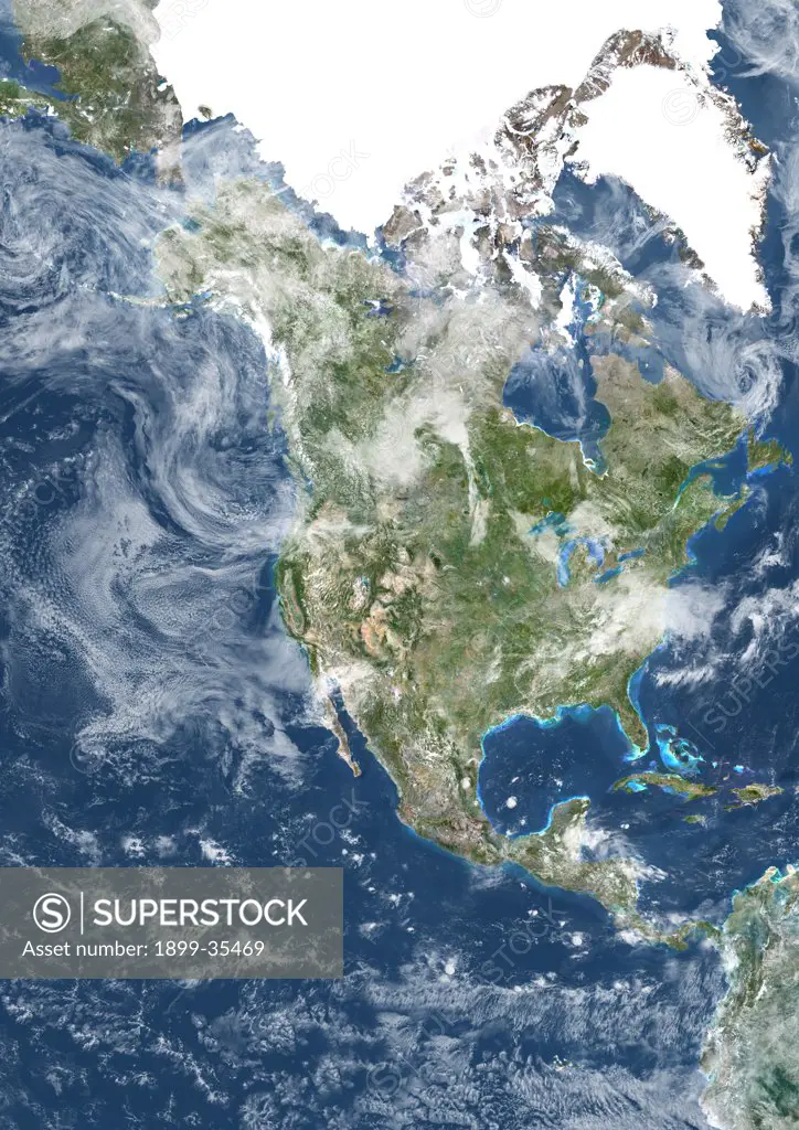 North America With Cloud Coverage, True Colour Satellite Image. True colour satellite image of North America with cloud coverage. This image in Lambert Conformal Conic projection was compiled from data acquired by LANDSAT 5 & 7 satellites.