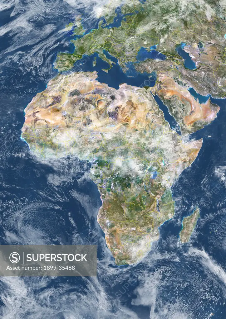 Africa With Country Borders And Cloud Coverage, True Colour Satellite Image. True colour satellite image of Africa with country borders and cloud coverage. This image in Lambert Azimuthal Equal Area projection was compiled from data acquired by LANDSAT 5 & 7 satellites.