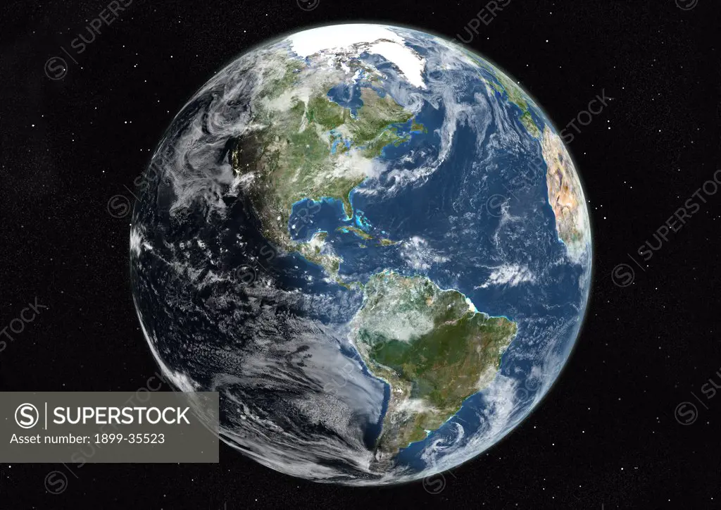 Globe Centred On The Americas, True Colour Satellite Image. True colour satellite image of the Earth centred on the Americas with cloud coverage, during summer solstice at 12 a.m GMT. This image in orthographic projection was compiled from data acquired by LANDSAT 5 & 7 satellites.