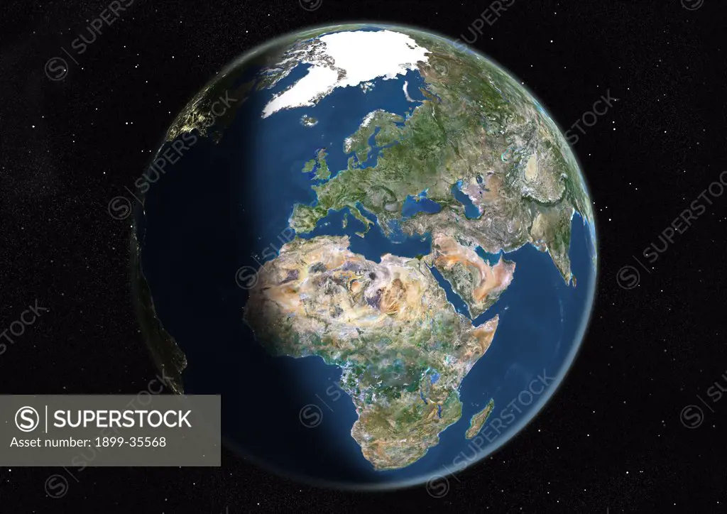 Globe Centred On Europe And Africa, True Colour Satellite Image. True colour satellite image of the Earth centred on Europe and Africa, during summer solstice at 6 a.m GMT. This image in orthographic projection was compiled from data acquired by LANDSAT 5 & 7 satellites.