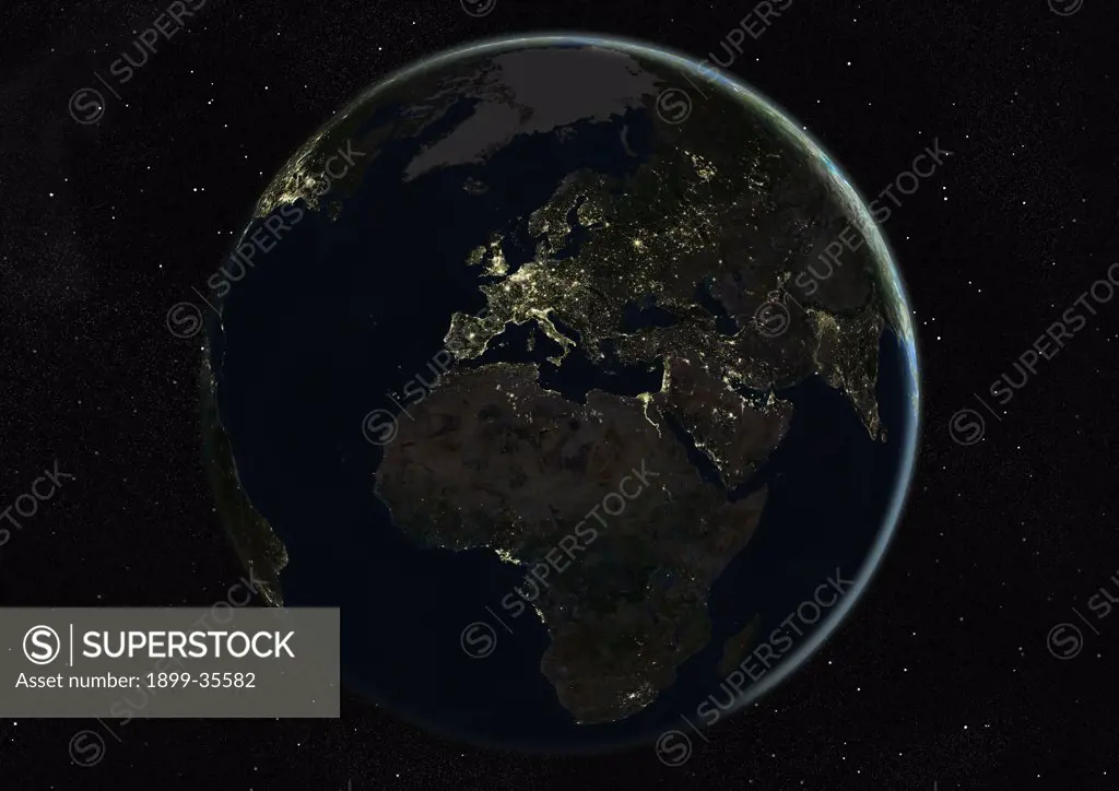 Globe Centred On Europe And Africa, True Colour Satellite Image. True colour satellite image of the Earth centred on Europe and Africa, during winter solstice at 12 p.m GMT. This image in orthographic projection was compiled from data acquired by LANDSAT 5 & 7 satellites.