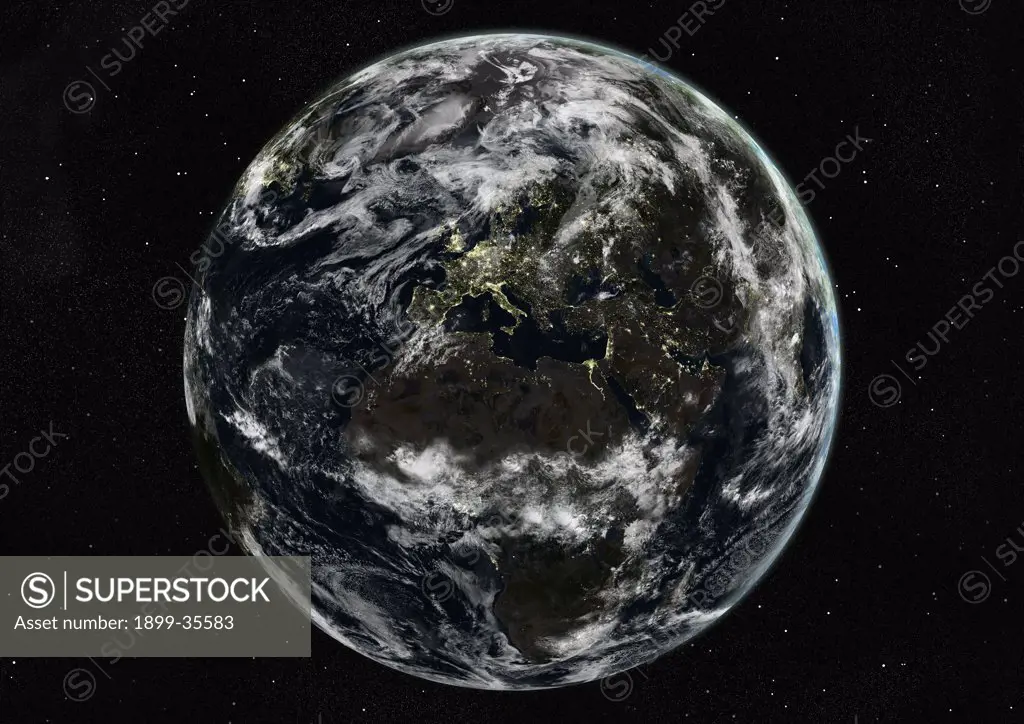 Globe Centred On Europe And Africa, True Colour Satellite Image. True colour satellite image of the Earth centred on Europe and Africa with cloud coverage, during winter solstice at 12 p.m GMT. This image in orthographic projection was compiled from data acquired by LANDSAT 5 & 7 satellites.