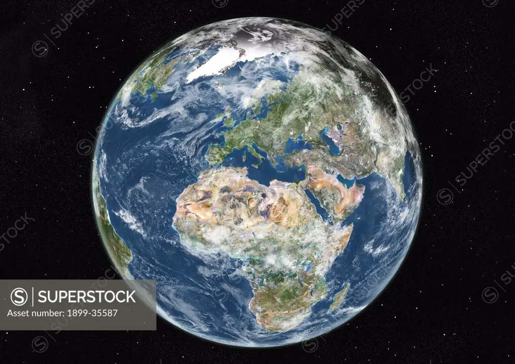 Globe Centred On Europe And Africa, True Colour Satellite Image. True colour satellite image of the Earth centred on Europe and Africa with cloud coverage, at the equinox at 12 a.m GMT. This image in orthographic projection was compiled from data acquired by LANDSAT 5 & 7 satellites.