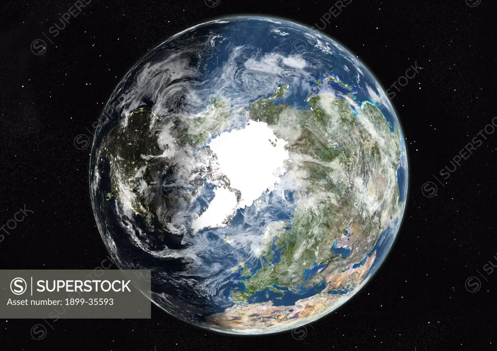 Globe Centred On The North Pole, True Colour Satellite Image. True colour satellite image of the Earth centred on the North Pole with cloud coverage, during summer solstice at 6 a.m GMT. This image in orthographic projection was compiled from data acquired by LANDSAT 5 & 7 satellites.